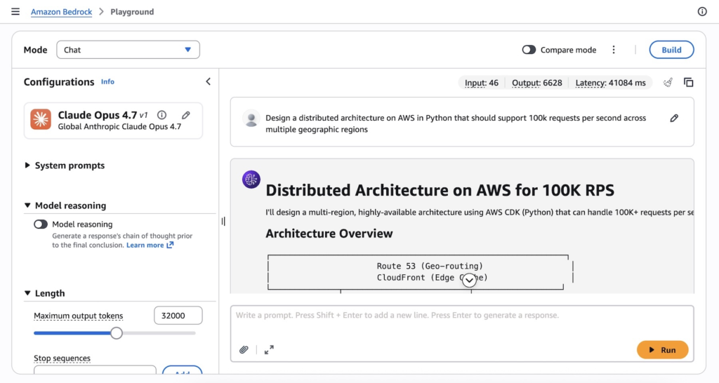Claude Opus 4.7 generating complete distributed AWS architecture for 100K requests per second in Amazon Bedrock Playground
