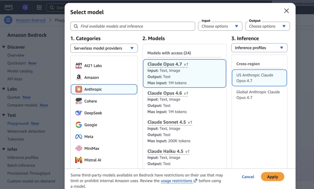 Amazon Bedrock model selection showing Claude Opus 4.7 at top of Anthropic models list
