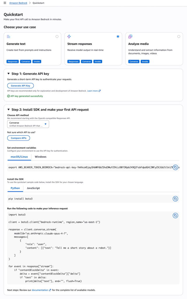 Amazon Bedrock Quickstart showing free API key generation and Python code for Claude Opus 4.7